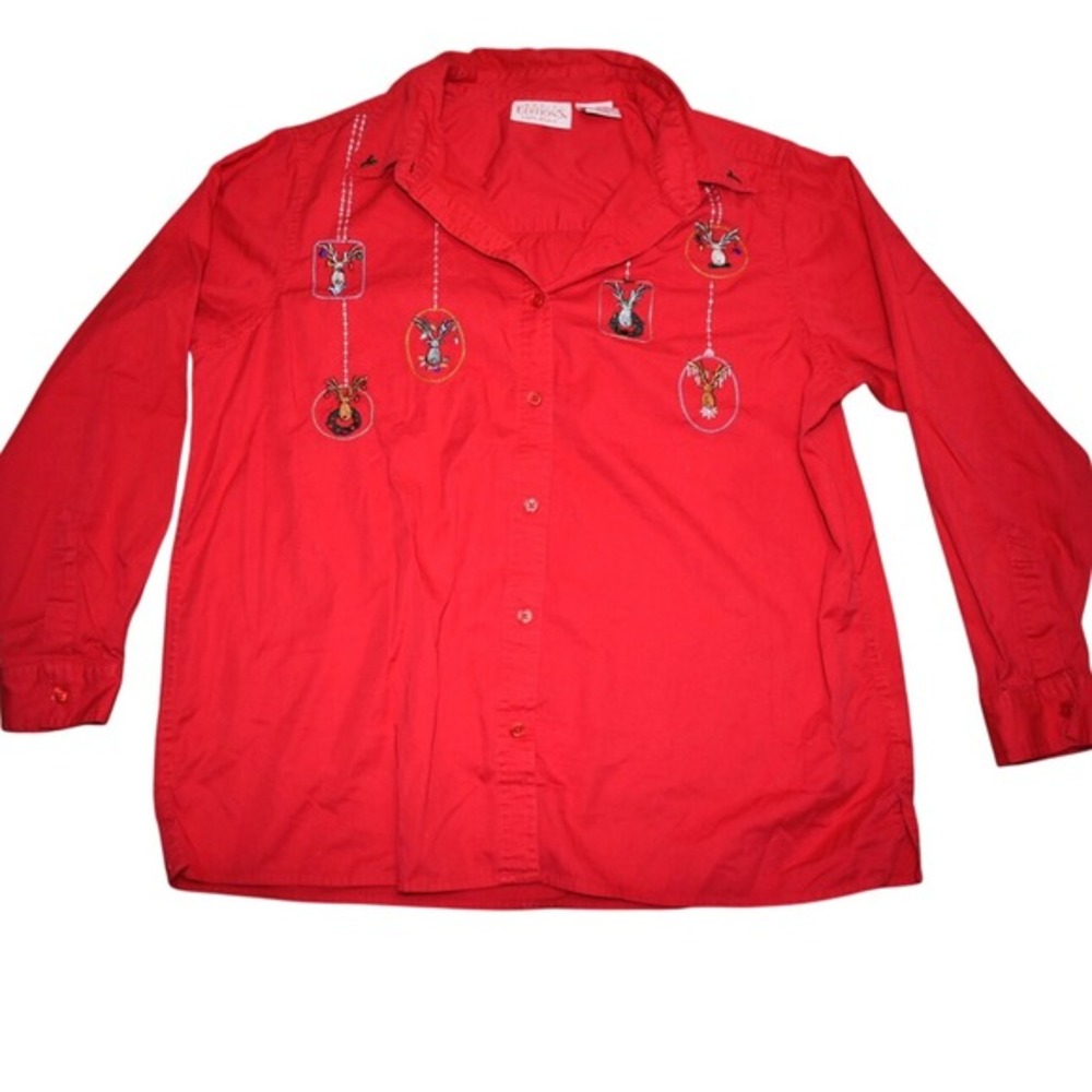 Button Up Holiday Red Christmas Reindeer Embroidered Shirt XL
